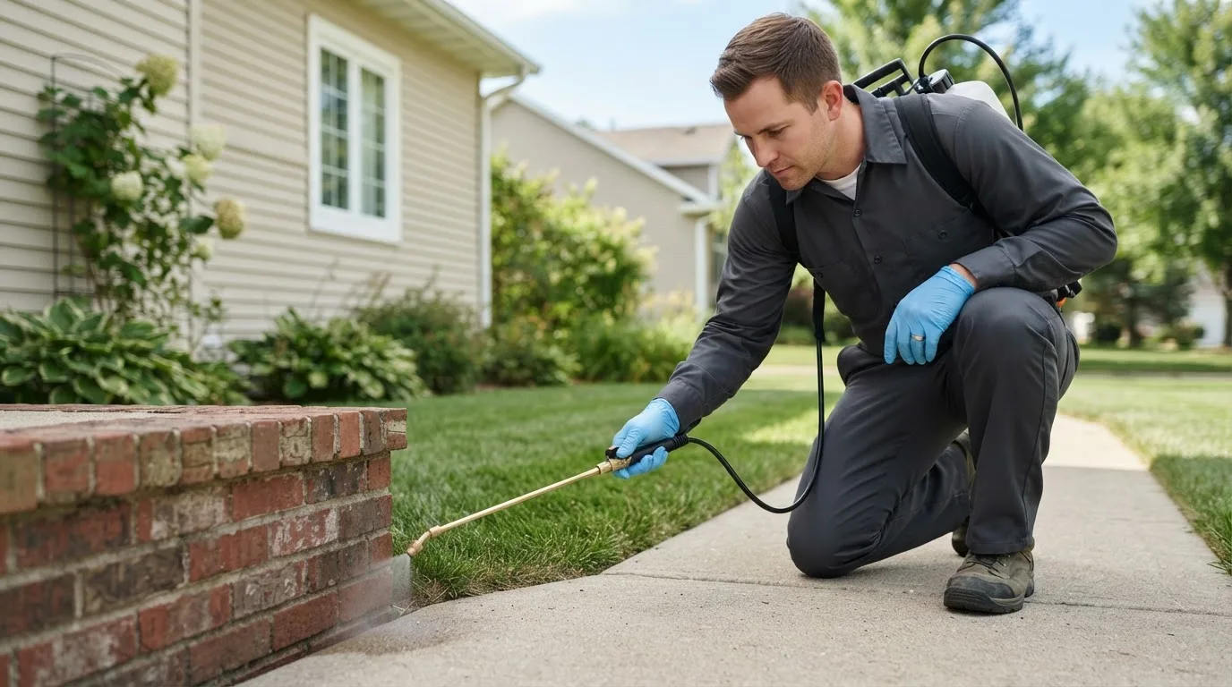 Pest control technician treating a home near Raymond, ME