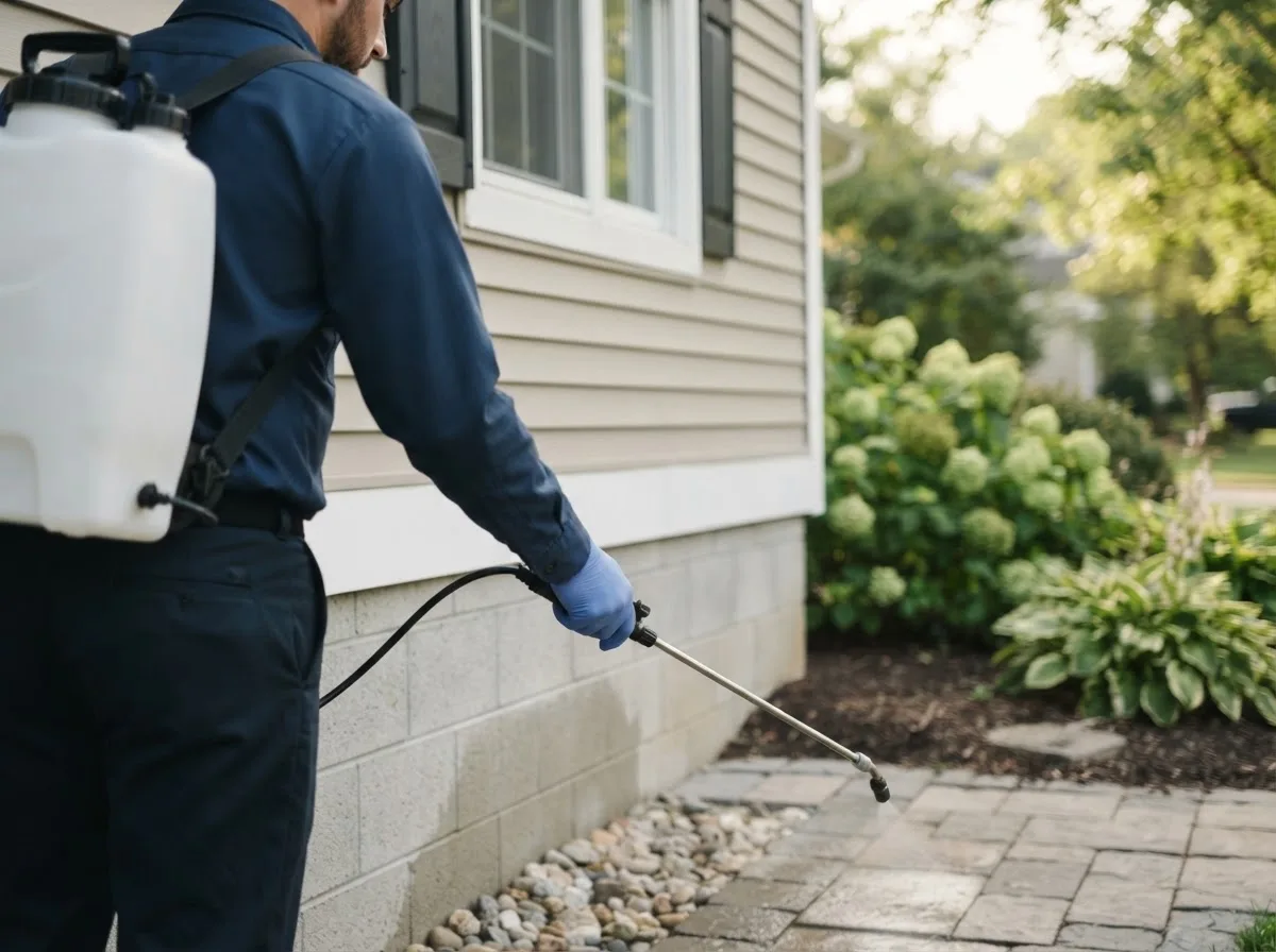 Pest control technician inspecting a home in Raymond, ME